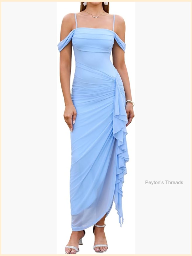 Elegant Bodycon Maxi Dress Ruched Ruffle Slit Formal Cocktail Party Long Dress